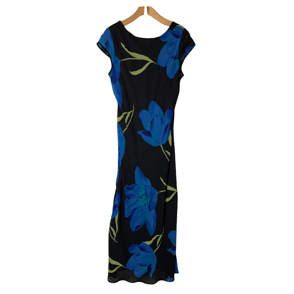 Just Choon VTG Black Blue Floral Lace-Up Back Maxi Dress Juniors 13 / Womens 10